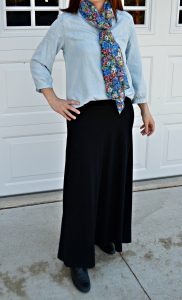 Target chambray shirt & black maxi skirt; floral scarf; nine west booties