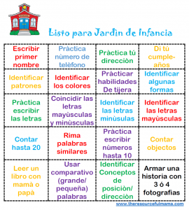 Print this bingo card to help get your preschooler ready for kindergarten (available in English & Spanish)