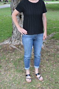 what i wore spring-target cropped jeans/loft top/jellypop wedge sandals