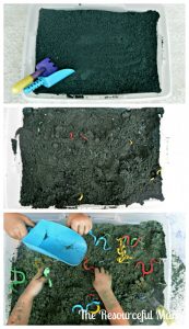 Kids will have so much fun playing in this "dirt". It is super easy to make and clean up. You only need two items: baking soda and food coloring.