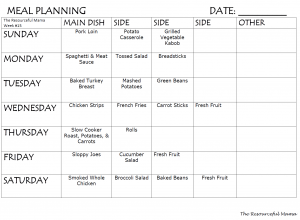 Printable weekly meal plan that includes main course and sides.
