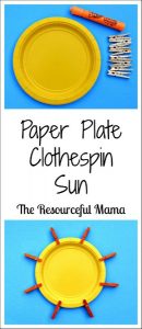 This is a great sun craft for kids. It is easy to make with a paper plate, mini clothespins, and markers.