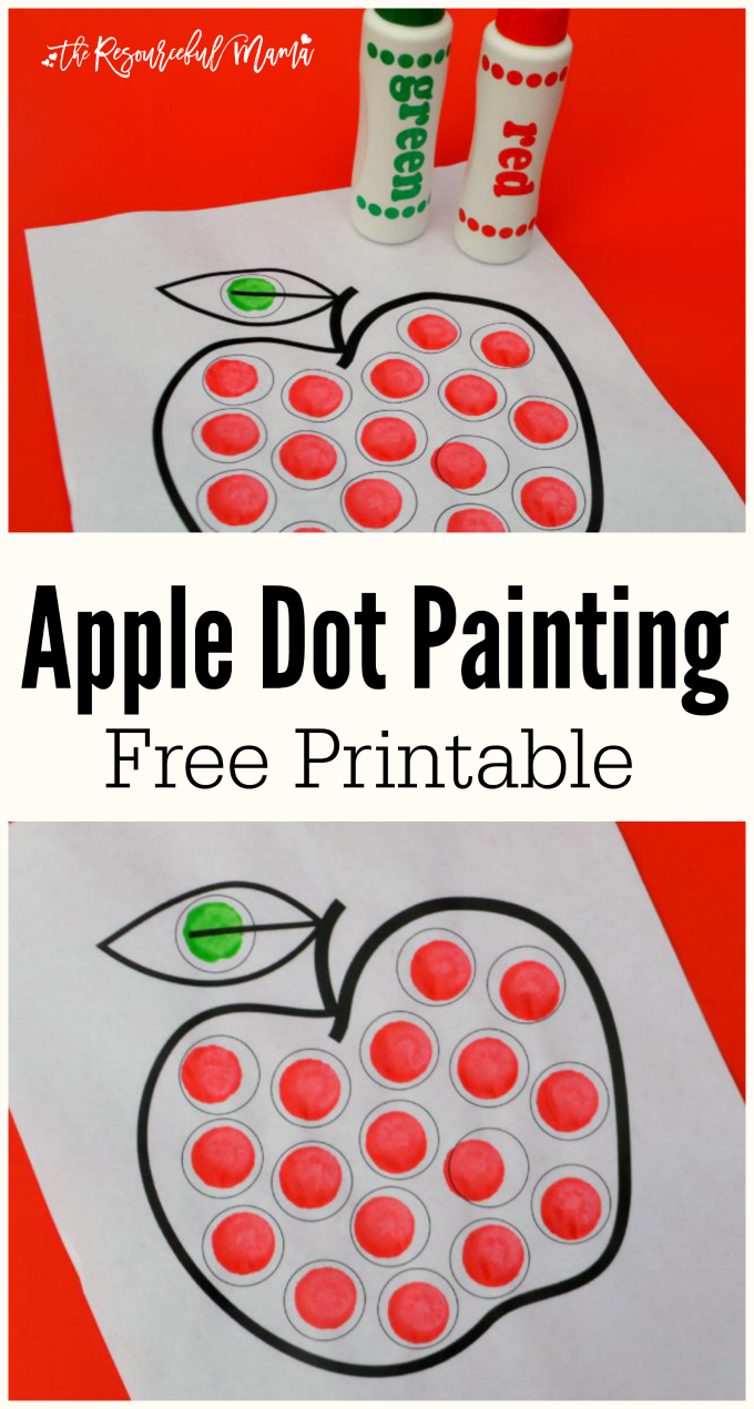 This free pintable apple dot painting worksheet uses Do a Dot Markers, bingo markers, or pom poms to create a fun and easy back to school or fall project. toddlers|preschoolers|hand-eye coordination