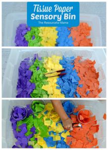 This tissue paper sensory bin is set up to allow children to strengthen fine motor skills by using the tongs to sort and match the tissue paper into cups. 