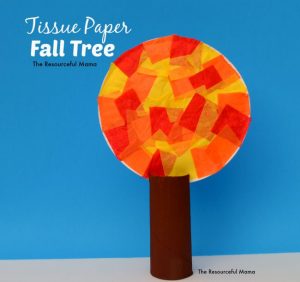 Kid craft fall tissue paper tree made with recycled toilet paper roll