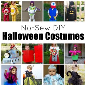 Cute and fun no-sew DIY Halloween kid costumes. Your favorite characters including Batman, Anna, Thomas the Train, Pokemon, Buzzlight Year, Care Bears, and Legos, Also included adorable bee, cat, chicken, flower pot, and gumball.