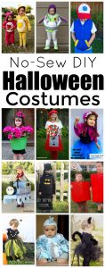 Cute and fun no-sew DIY Halloween kid costumes. Your favorite characters including Batman, Anna, Thomas the Train, Pokemon, Buzzlight Year, Care Bears, and Legos, Also included adorable bee, cat, chicken, flower pot, and gumball.