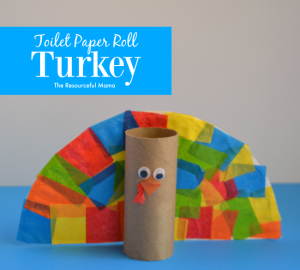 This Thanksgiving turkey craft is full of fun crafting materials: toilet paper roll, paper plate, and tissue paper 