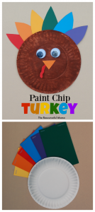 Make this colorful turkey kid craft using paint chips for Thanksgiving. 