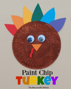 Grab some paint chips and a small paper plate and make this turkey kid craft for Thanksgiving. 