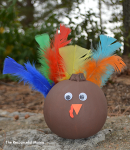 Here's a great no carve pumpkin option prefect for Thanksgiving. Kids and adults will enjoy this project of transforming a pumpkin to a turkey.