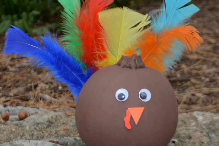 Turn leftover fall and Halloween pumpkins into a turkey for Thanksgivings with paint and a few basic craft supplies.
