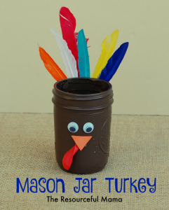 This mason jar turkey is perfect for adding crayons or makers and placing it on the kids' table for Thanksgiving. 