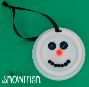 Coffee Cup Lid Snowman kid homemade ornament perfect for the Christmas tree.