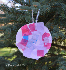 Kid made tissue paper-paper plate Christmas ornament 