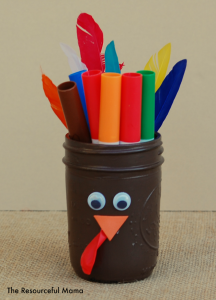 This mason jar turkey with markers is perfect for the kids' table at Thanksgiving. 
