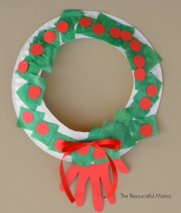 Handprint paper plate Christmas wreath kid craft