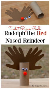 Rudolph the Red Nosed Reindeer Kid Craft using toilet paper roll. Great handprint kid craft for Christmas.