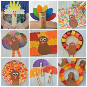 So many fun ways to transform basic crafting supplies, including craft sticks, paper plates, and paper rolls into cute and colorful Turkey Kid Crafts.