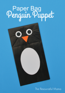 Paper bag penguin puppet craft for kids.