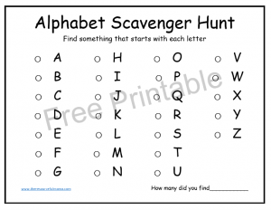 Alphabet scavenger hunt for kids works great indoor or outdoors aids kindergartners in learning sounds and poses a challenge to all kids