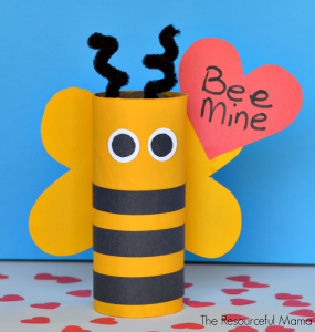 Valentine's Day "Bee Mine" craft for kids using recycled toilet paper rolls