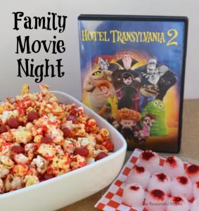 Hotel Transylvania 2 is a great movie for family movie night. Crunchy Vampire Popcorn and Frozen Monster Eyeballs are great snacks to go with the movie.