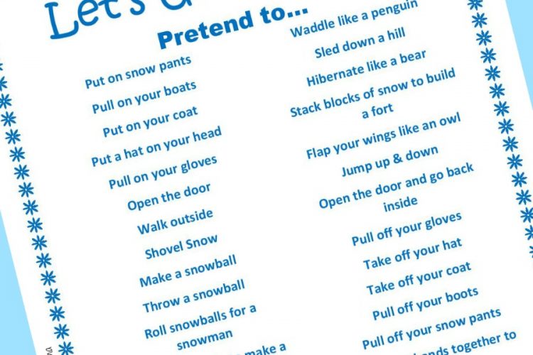 This Simon Says inspired game is a fun way to get kids moving and active in the winter. It's a gross motor activity as kids pretend to complete the actions. Free printable