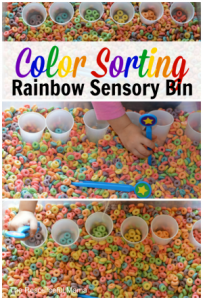 Rainbow color sorting sensory bin great for toddlers and rpeschoolers work on colors, sorting, and fine motors.