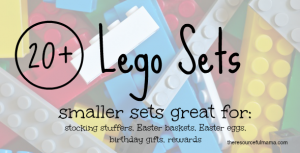 Smaller Lego sets great for stocking stuffers, Easter baskets, Easter eggs, birthday gifts, and rewards.