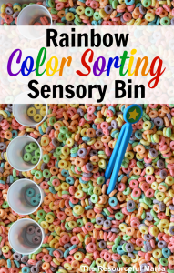 This rainbow color sorting sensory bin is a great indoor activity for toddler and preschoolers. They work on colors, sorting and fine motor skills.