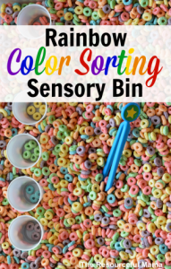 Raindow color sorting sensory bin great for toddlers and preschoolers to work on colors, sorting, and fine motor skills.