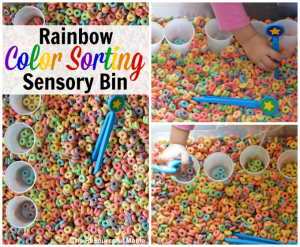 Rainbow color sorting sensory bin great indoor activity for toddlers and preschoolers great for colors, sorting, and fine motor skills.