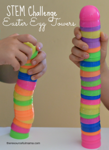 This Easter egg towers STEM challenge is a fun activity that uses plastic Easter eggs. It will get kids talking about what makes a strong and stable building.