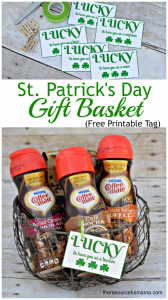 St. Patrick's Day gift basket with free printable gift tag and NESTLÉ® COFFEE-MATE® Liquid Coffee Creamer. Perfect for neighbors, teachers, friends, sisters, moms, bosses.