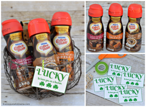 St. Patrick's Day gift basket with free printable gift tag and new NESTLÉ® COFFEE-MATE® Liquid Coffee Creamer. Prefect for teachers, neighbors, friends, bosses, sisters, and moms.