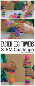 Challenge kids to an Easter egg tower STEM challenge using plastic Easter eggs. 