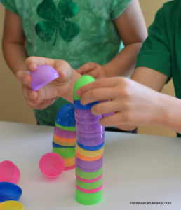 This Easter egg towers STEM challenge is a fun activity that uses plastic Easter eggs. It will get kids talking about what makes a strong and stable building.