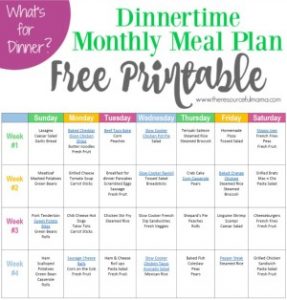 Free printable monthly dinnertime meal plan