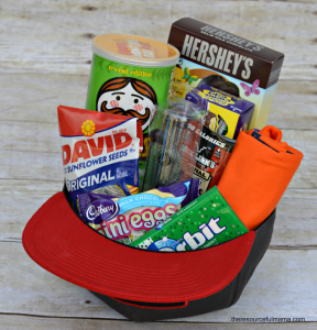 Baseball hat Easter basket for teen and tween boys with 20+ filler ideas.