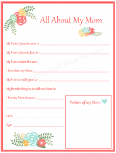 Free printable All About My Mom survey for kids to fill out for Mother's Day.