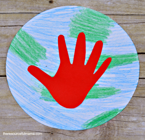 Simple planet earth and handprint craft kids can make for Earth Day. Great way to introduce the structure of our planet and ways we can take care of our planet.