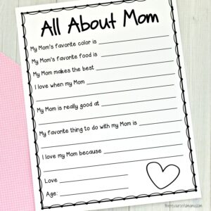 Ce sondage Tout sur ma maman constitue un excellent cadeau souvenir que les enfants peuvent faire à leur maman pour la fête des mères. Les mamans aimeront et chériront leurs réponses.
