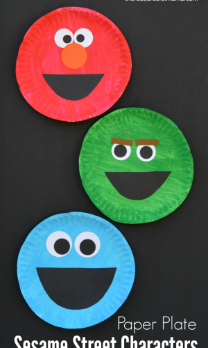 Paper plate Sesame Street craft for kids of their favorite Sesame Street characters: Elmo, Oscar the Grouch, and Cookie Monster.