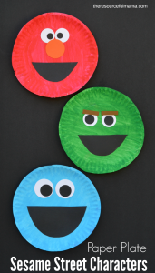 Paper plate Sesame Street craft for kids of their favorite Sesame Street characters: Elmo, Oscar the Grouch, and Cookie Monster.
