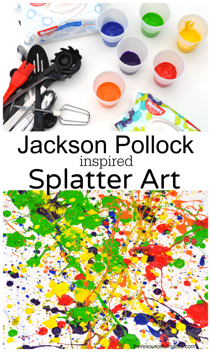 Jackson Pollock inspired splatter art project. Kids of all ages will enjoy this fun process art project. It's a great outdoor summertime art project for kids.