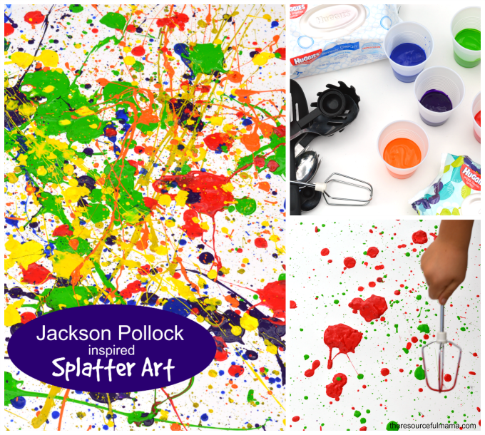 Jackson Pollock inspired splatter art project. Kids of all ages will enjoy this fun process art project. It's a great outdoor summertime art project for kids.