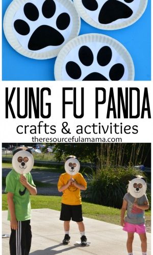 We love doing family nights in the summer. Before we get started with the movie we love to do a movie themed craft and activity. We made panda masks and used paw prints to play a couple of games before watching Kung Fu Pandas 3.