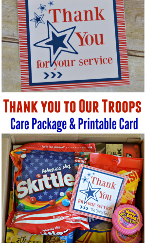 This free printable thank you card is a great way to thank our troop for their service or a great a addition to a military care package.