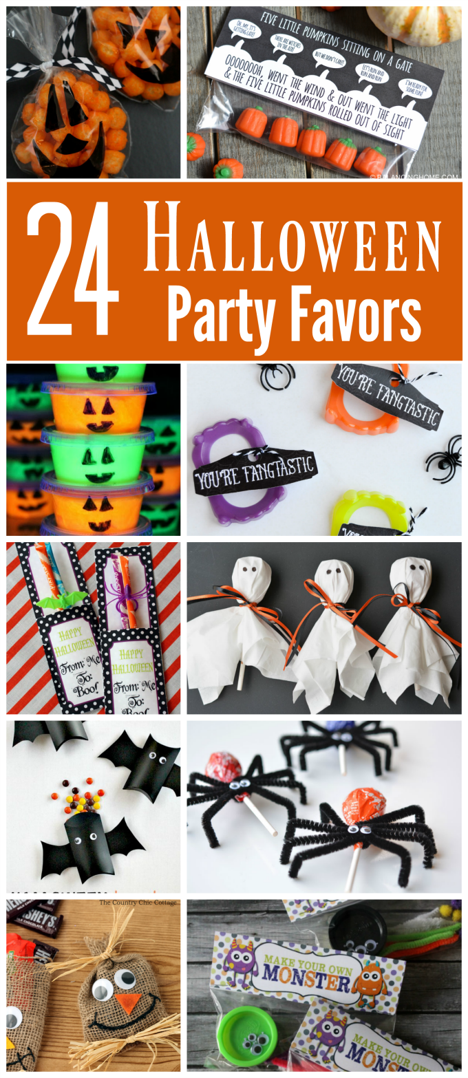 These 24 Halloween party favors are sure to be a hit at your kids' school Halloween party or with your trick or treaters. There are lots to choose from ranging from non-candy favors to treat bags to cute printables and more. 